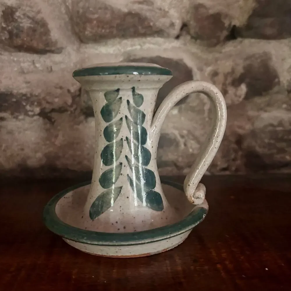 Vintage Westerwald Salt Glazed Pottery Candle Holder Green Marshallton, PA 4